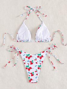 Women's Sexy Backless Strawberry Print Bikini Set, With Tie-Back Top And Side-Tie Bottom, High Elasticity Swimwear - Multicolor - View 2