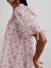 Women Summer Puff Sleeve Cherry/Floral Print Mini Dress Square Neck Ruffle Trim Casual Loose Short Party Dress Nightdress - 粉色 - 查看 5