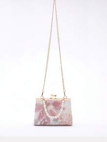 Queen Head Pearl Decorated Clip-Top Handle Bag For Women - Baby Pink - View 5