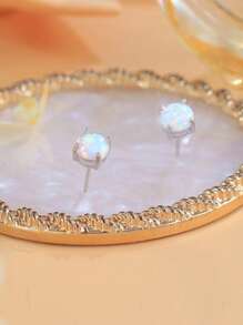 1 Par de Brincos de Pressão de Prata Esterlina 925 de 6mm com Opala Branca Mística Redonda para Mulheres, Jóias Finas Hipoalergênicas, Presente de Aniversário e Férias