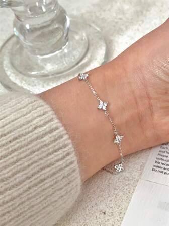 Nooxian 1pc Women Layered Tassel Copper Inlaid Zirconia Four-Leaf Clover Bracelet, Daily Gift Jewelry (No Gift Box)