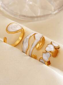 3pcs Stainless Steel Fashion Geometric Open Ring Set, Suitable For Women's Everyday Wear