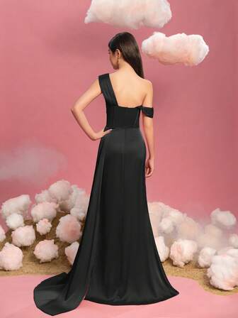 少女单肩正式晚礼服，高开衩，侧边饰带和优雅鱼尾下摆 - 非常适合红毯晚会、黑色领带活动、礼仪服装和选美活动