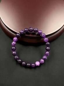 1Pc Elegant Amethyst Gemstone Elastic Bracelet For Men Women- Handcrafted Unisex Wristband Accessory Ideal For Gift & Daily Wear