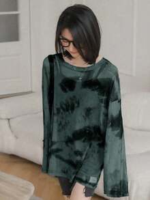 休闲扎染印花薄纱宽松落肩上衣，春夏款 - 墨綠色 - 查看 4