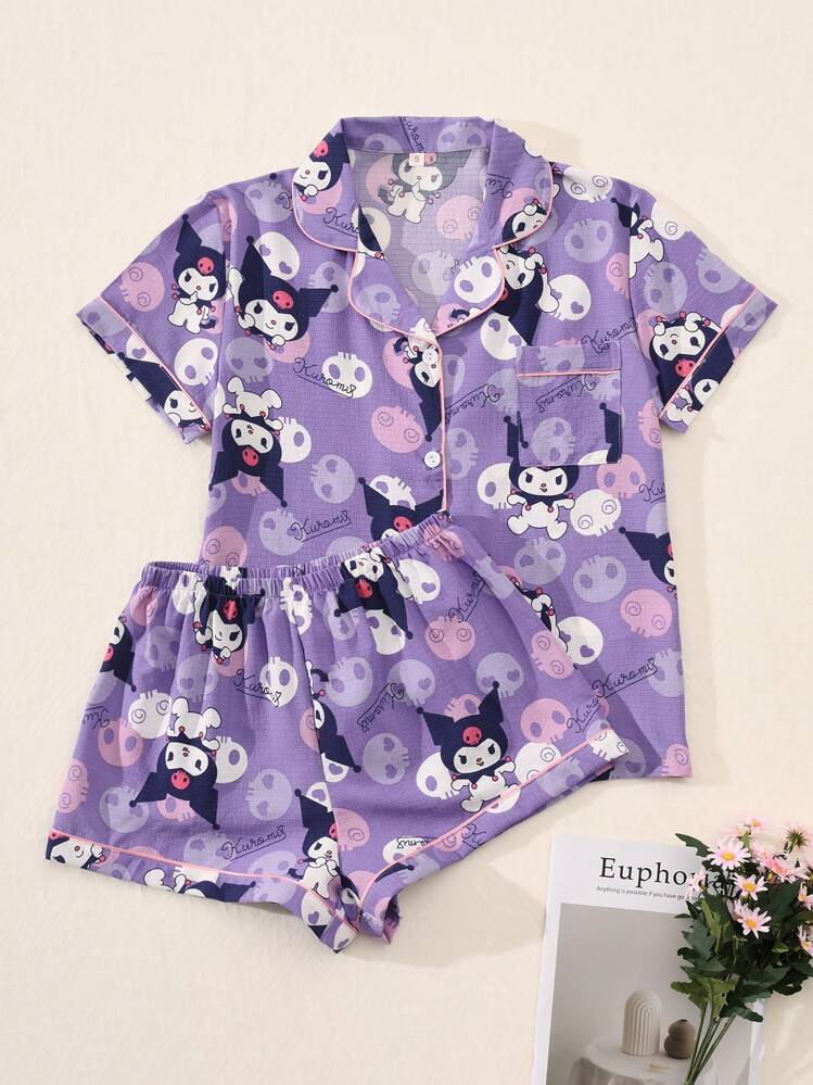 Sanrio 산리오 인증 2개/세트 여성용 헬로키티 프린트 브이넥 버튼 짧은 소매 싱글브레스트 탑과 리본 바지 파자마 세트, 여름 파자마 세트, 가정용으로 편안함