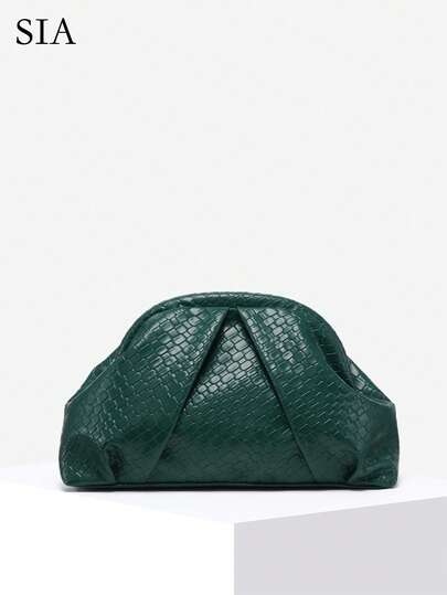 Women's Vintage Minimalist Beaded Sequin Tropical Plant Woven Embossed Angola Red Rivet Decor Large Capacity Pleated Cloud Clutch Handbag, Suitable For Parties, Outings, And Daily Wear , Green