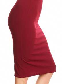 Casual High Waist Slim Stretch Pull-On Bodycon Pencil Solid Midi Skirt - 酒紅色 - 查看 4