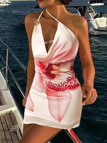 Deep V Neck Floral Print Slip Dress For Party - White - View 3