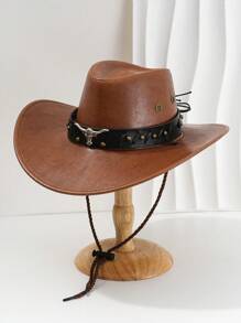 1pc Unisex Solid Color PU Leather Cowboy Hat, Unique Shiny 3D Bull Head Design With Leather & Metal Rivet Wide Belt Decor, Wide Brim Sun Protection Hat, New Vintage Wide Brim Sun Hat, Adjustable Cord Cyberpunk Stylish Cool Novelty Punk Style Wide Brim Cap
