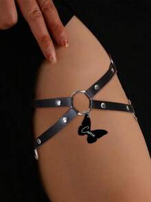 1pc Custom Personalized Text Heart Star Butterfly Round Ring Leg Garter, Dark Grunge Style Street Fashion, Birthday Gift - Black - View 4