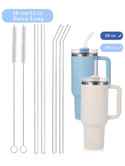 4 Sedotan Kaca Bening yang Dapat Digunakan Kembali untuk Tumbler 2.0 40oz – 2 Sedotan Lurus + 2 Sedotan Bengkok dengan 2 Sikat | Desain Anti Tumpah Ekstra Panjang 12'' Diameter 10mm | Set Sedotan Borosilikat Aman untuk Mesin Cuci Piring untuk Kopi Dingin, Smoothie, Mendaki & Berkemah | Pegangan yang Lebih Baik untuk Gelas, Mug Perjalanan, Perlengkapan Sekolah