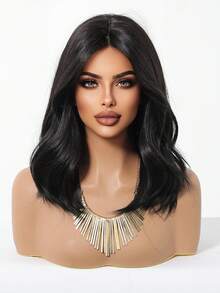 16英寸自然黑色刘海中长卷发合成耐热纤维假发，适合女性日常佩戴、派对、母亲节、音乐节等场合。 - 自然黑 - 查看 4