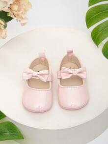 Infant Shoes With Hook And Loop & Bow Decor, Anti-Slip Elegant Princess Flats For Toddler - Pink - View 1