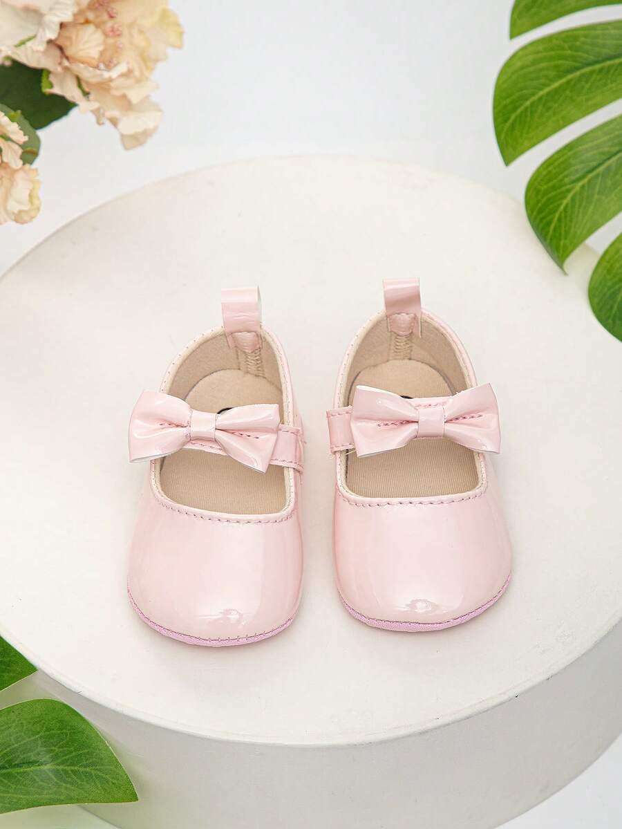 Infant Shoes With Hook And Loop & Bow Decor, Anti-Slip Elegant Princess Flats For Toddler - Pink - View 1
