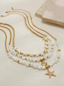 3件套波西米亚海滩风项链套装，包含鱼尾、贝壳、绿松石、海星吊坠和串珠绳链，适合女性日常及海滩度假装扮（长度详见描述，不对称白色宝石数量随机）。 - 白色 - 查看 3