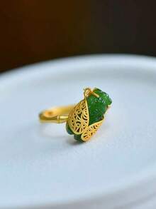 1pc Vintage Palace Style Gilded Jade Agate Cicada Finger Ring, Handmade Adjustable Ring Suitable For Women Everyday Wear, Festivals, Parties, Girlfriend Gift - Green - View 3
