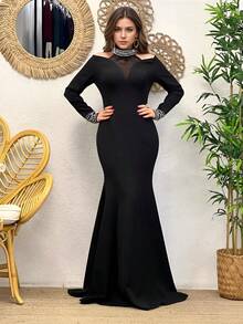 Elegant Women's Rhinestone Embellished Long Sleeve Dress - Black - View 1