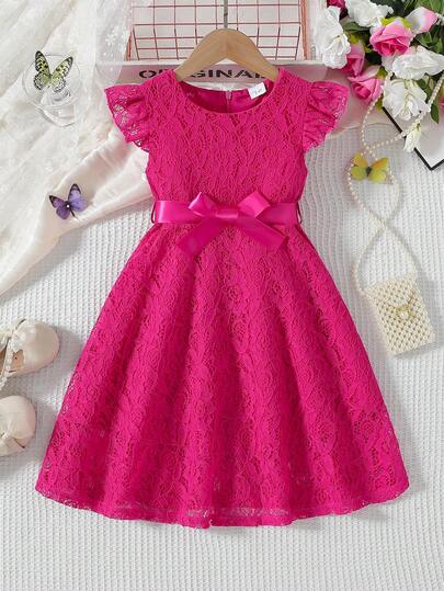 coviviky Girls Ruffled Mini Dress With Short Cap Sleeves, Round Neck Solid Color Lace Dress With Belt, Sweet Cute Elegant For Parties, Weddings
