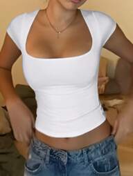 Women Square Neck Going Out Crop Tops Short Sleeve T Shirts Summer Cute Clothes Basics Tees