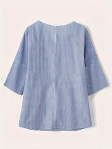Plus Size Women Stripe Round Neck Drop Shoulder Loose Blouse Spring - Blue - View 2