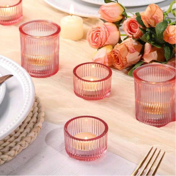 Pink Candle Holder 10 Piece Set - Glass Candle Holder Is Used In Bulk For Tea Wax, Romantic Wedding And Various Party Candle Holders, Home Table Decoration