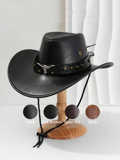 1pc Unisex Solid Color PU Leather Cowboy Hat, Unique Shiny 3D Bull Head Design With Leather & Metal Rivet Wide Belt Decor, Wide Brim Sun Protection Hat, New Vintage Wide Brim Sun Hat, Adjustable Cord Cyberpunk Stylish Cool Novelty Punk Style Wide Brim Cap