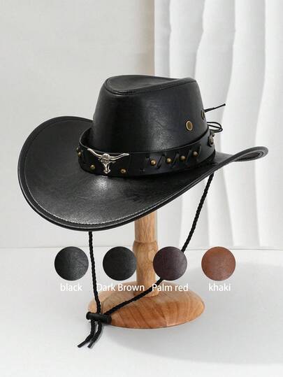 1 pieza Sombrero vaquero de piel de unicolor unisex, diseño único de cabeza de toro 3D brillante con decoración y remaches metálicos, sombrero de ala ancha con protección solar, nuevo sombrero vintage de ala ancha, estilo ajustable de cuerda, sombrero punk de ala ancha y estilo cool y novedoso