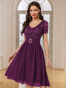 MIUSOL Deep V Neck Sequin Floral Lace Contrast Chiffon Pleated Hem Prom Party Swing Dress,For Birthday, Wedding Guest, Graduation Homecoming - Maroon - View 4