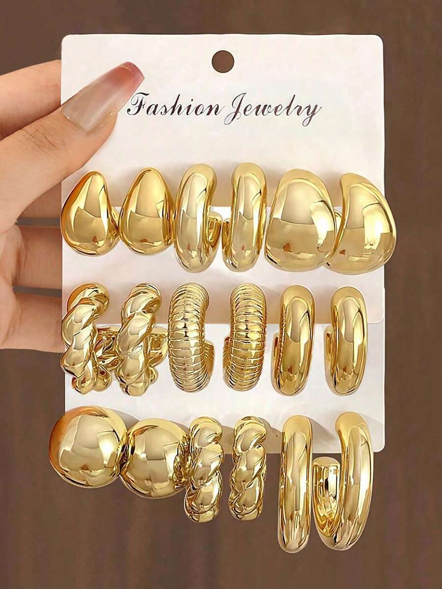 6-18件几何纹理光圈水滴金色时尚优雅波西米亚耳环，适合节日赠送给家人和朋友（纸卡包装）