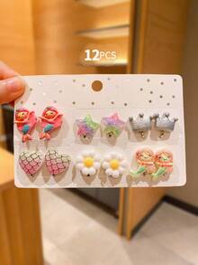 12 件可爱彩色夹式耳环，女孩无穿孔耳环配饰