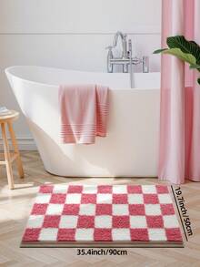 1pc Pink Checkered Bath Mat, Soft Flocked, Non-Slip Bottom, Highly Absorbent, Breathable, Machine Washable, Suitable For Sink, Bedroom, Bathroom, Home Decor, Thick Flocked Material, Suitable For Entryway, Bathroom, Kitchen And Other Spaces - Multicolor - View 14