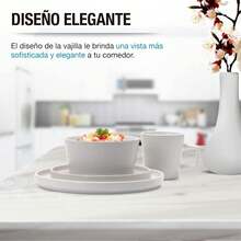 Vajilla moderna de gres 4, 16 piezas: taza, platos hondos, ensaladera y plato tallado. Cubierta de cerámica resistente a  temperaturas para lavavajillas y horno microondas. - Blanco - Ver 7