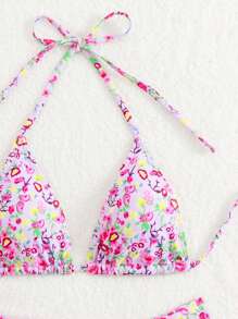 Lila Blumenprint sexy rückenfreier Neckholder eleganter Boho Strand Bikini, geeignet für Strand, Party, Lässig, Nachtausgehen, Fitness, Sommer