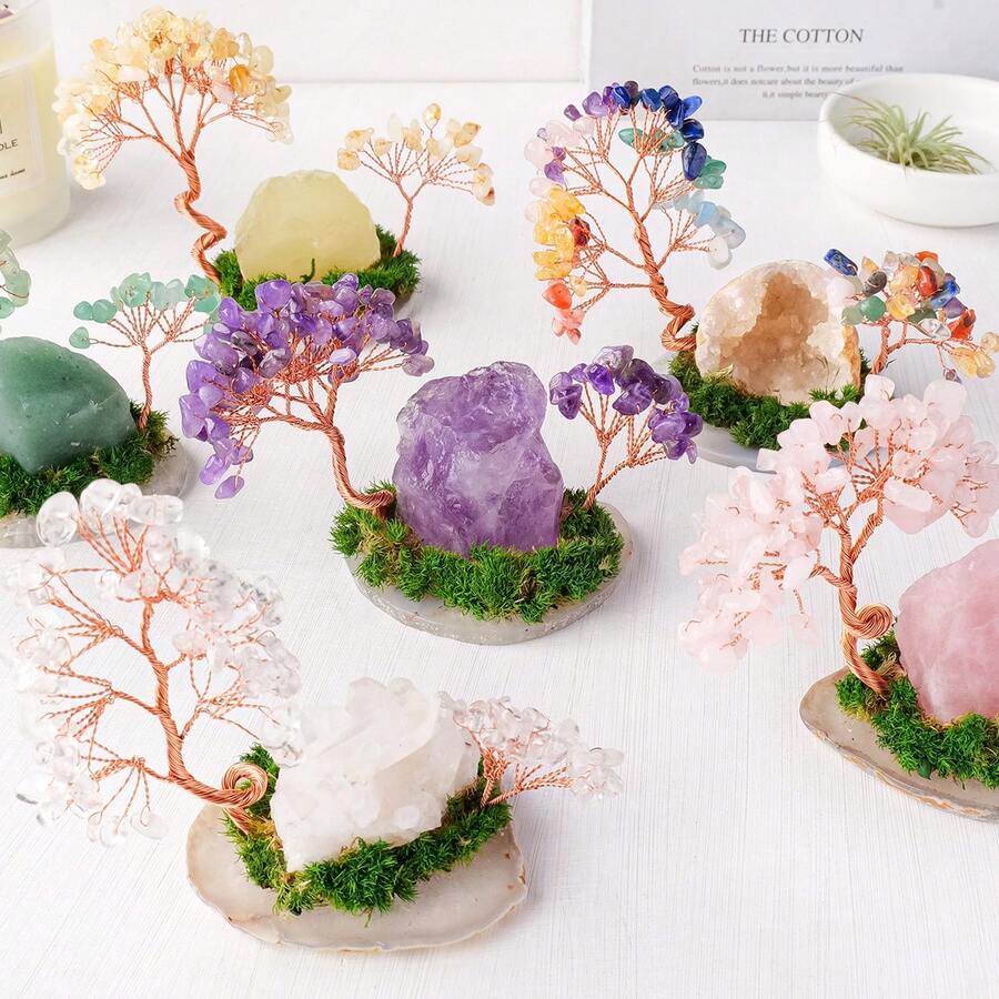 1PC Natural Crystal Lucky Tree Copper Wire Winding Amethyst Gravel With Agate Slice Base Home Decoration Money Trees - Original Stone Small Flower Tree - View 1