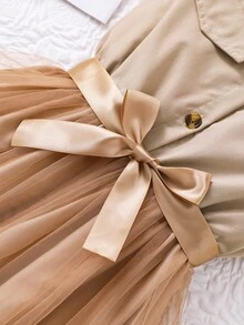 Tween Girls Casual Solid Color Sleeveless Collared Net Mesh Dress With Waist Belt, Summer - Khaki - View 7