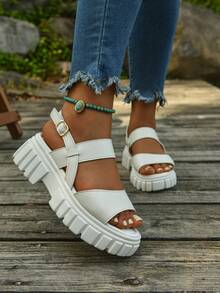 女士厚底凉鞋，优雅柔软底部舒适户外休闲百搭增高透气轻便凉鞋 - 白色 - 查看 4