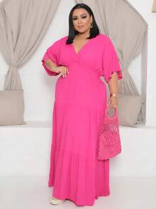 Plus Size Long Dress V Neck Short Sleeve - Hot Pink - View 3