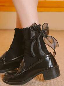 1 Pair Japan School Uniform Sweet Ribbon Solid Color Lace Socks For Girl - Black - View 2