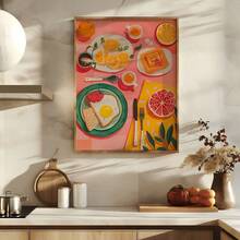 1 件，墙壁艺术，复古海报，早餐平铺食物在餐桌墙壁艺术 | Sunny Side Up Kitchen 艺术印刷品美食礼品彩色茶和华夫饼海报，无框，带框架的墙壁艺术 - 彩色 - 查看 5