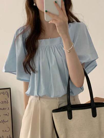 Summer Puff Sleeve Square Neck Casual Short Sleeve Blouse
