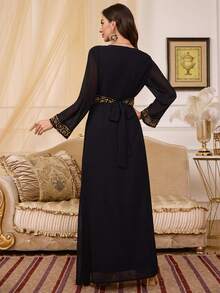 女士长袖串珠二合一长袍 - 黑色 - 查看 2