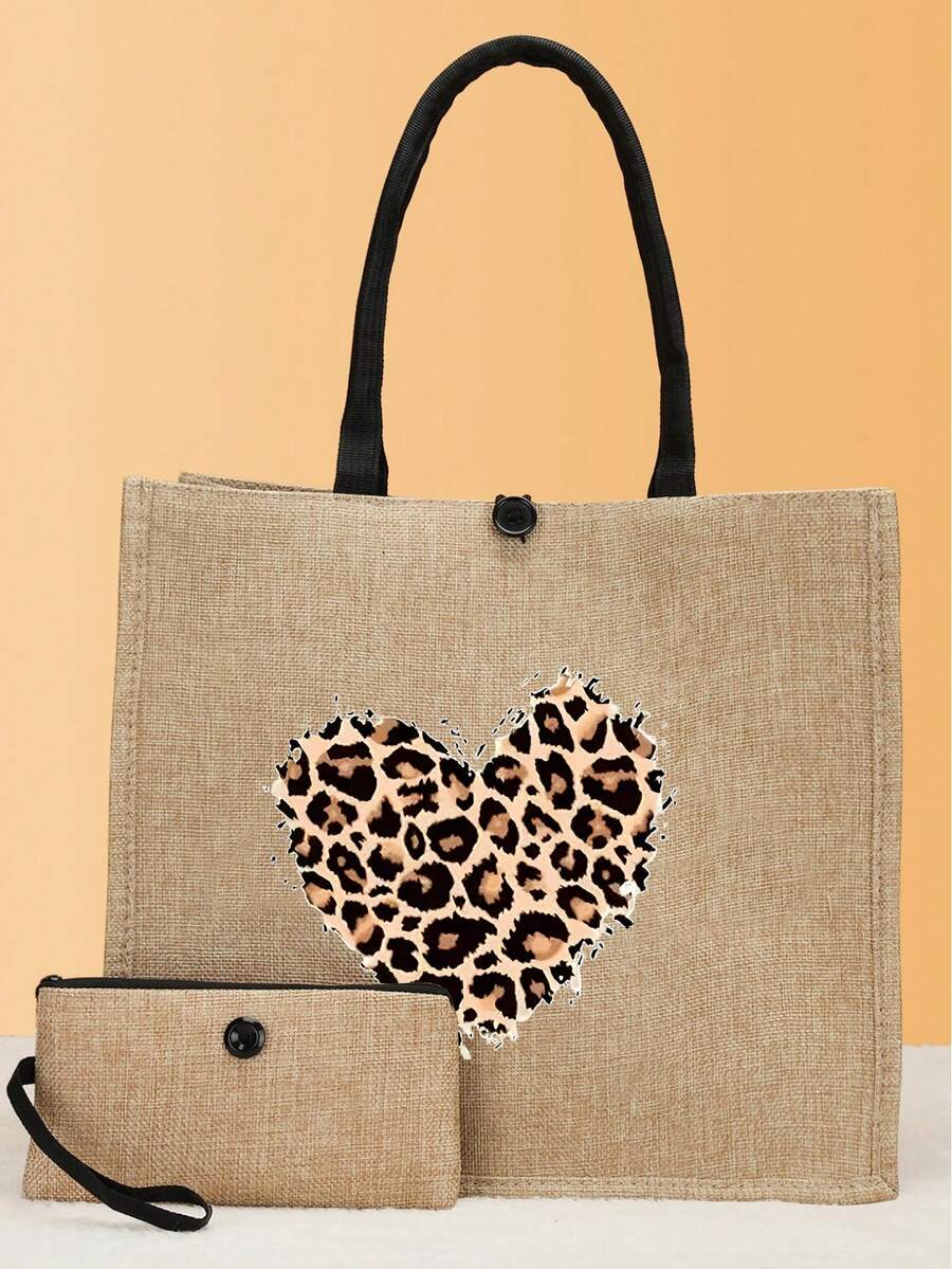 2PCS Rare Love Print Design Pattern, Large -Capacity Linen Two -Piece Combination, Personalized Gifts Of The Wedding Anniversary And The Birthday Of Friends - Khaki - View 1