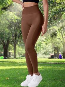 Seamless High Waisted Women's Hip Lifting Outdoor Fitness Leggings, Sports Yoga Leggings, High Elasticity Solid Color - Coffee Brown - View 3