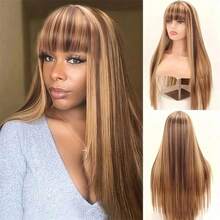 Highlight Straight Human Hair Wig With Bangs 250% Density #4/27 Piano Color Brown And Honey Blonde Highlight Straight Bangs Wig Put On Go Wigs 8-34 Inch Long Straight None Lace Human Wig With Bangs Soft And Silky - Rooted & Ombre - View 7