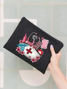 女士托特包 - 护士图案单肩包，便携手提包，手绳钱包，化妆包，零钱包，大容量购物袋，女士亚麻大容量手提包。大容量，购物袋。女士礼物，完美的节日单肩包，护士礼物，母亲节礼物，适合日常旅行、海滩度假、学校、大学、工作、商务、通勤、户外、度假 - 黑色 - 查看 9