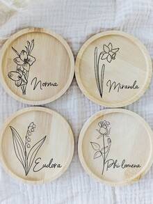 1pc Customized Floral Design Bamboo Trivet Mat, Wedding Decoration, Birthday Gift, Anniversary Present, Customized Trivet - Wood Color - View 9