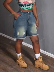 Pantaloncini in jeans larghi stracciati con vita elastica casual estivi da cowgirl, adatti per festival musicali