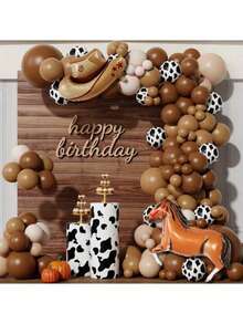 137 piezas Conjunto de arco de globos con temática de vaquero occidental - Globos de aluminio y látex con forma de vaca, adecuado para actuaciones de rodeo, carnaval de granja, fiesta de cumpleaños con tema occidental y celebración general - Colores mezclados 137 piezas - Ver 2