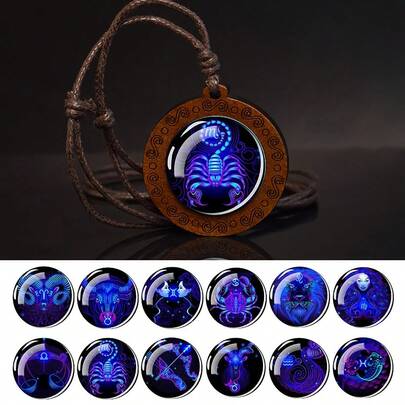 1pc Zodiac Sign Chain Necklace, Libra, Scorpio, Sagittarius, Capricorn, Aquarius, Pisces, Infinity Symbol Wooden Pendant